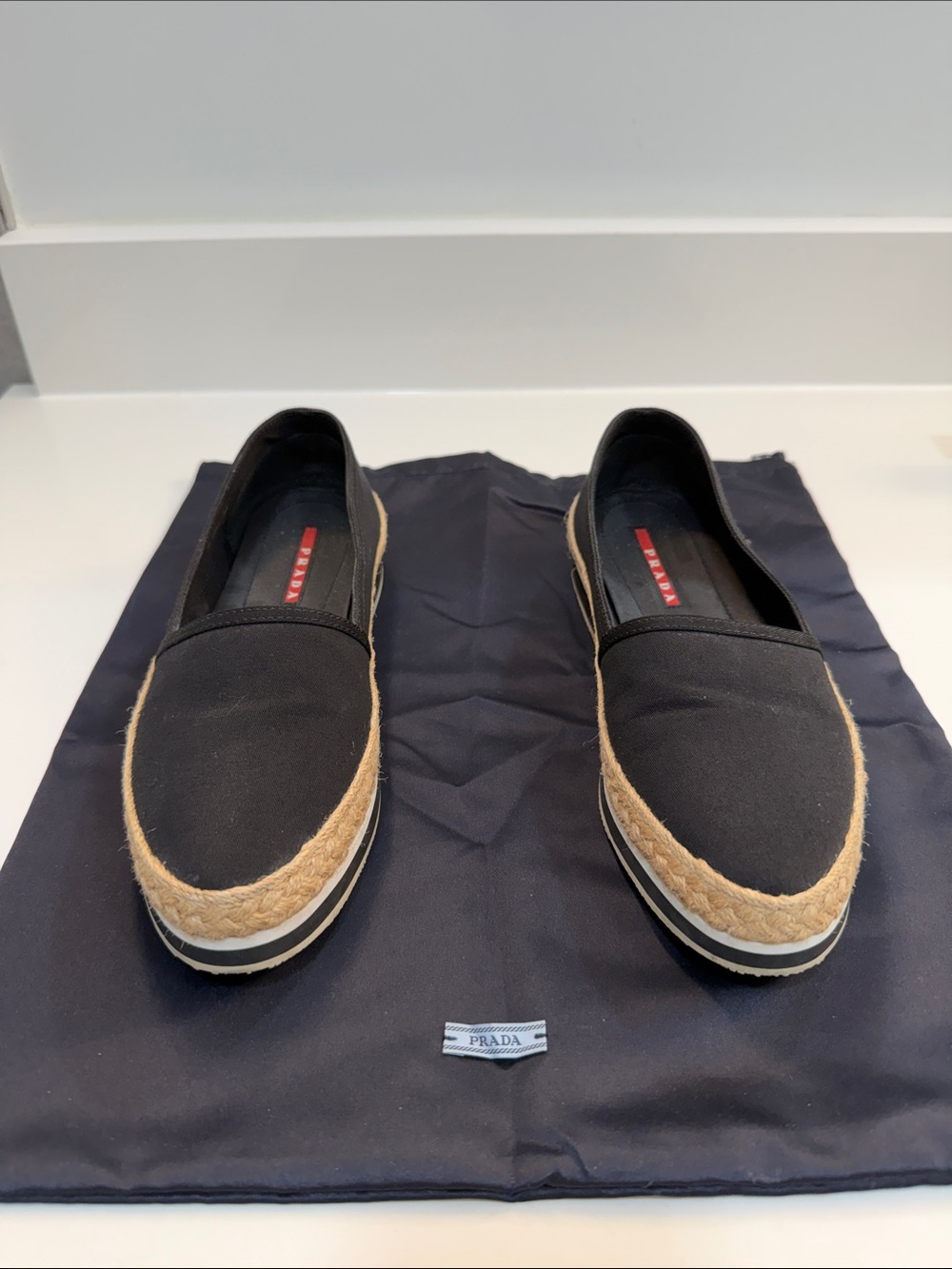 Prada Black Canvas Women’s Espadrille Slip-Ons with Natural Jute Trim